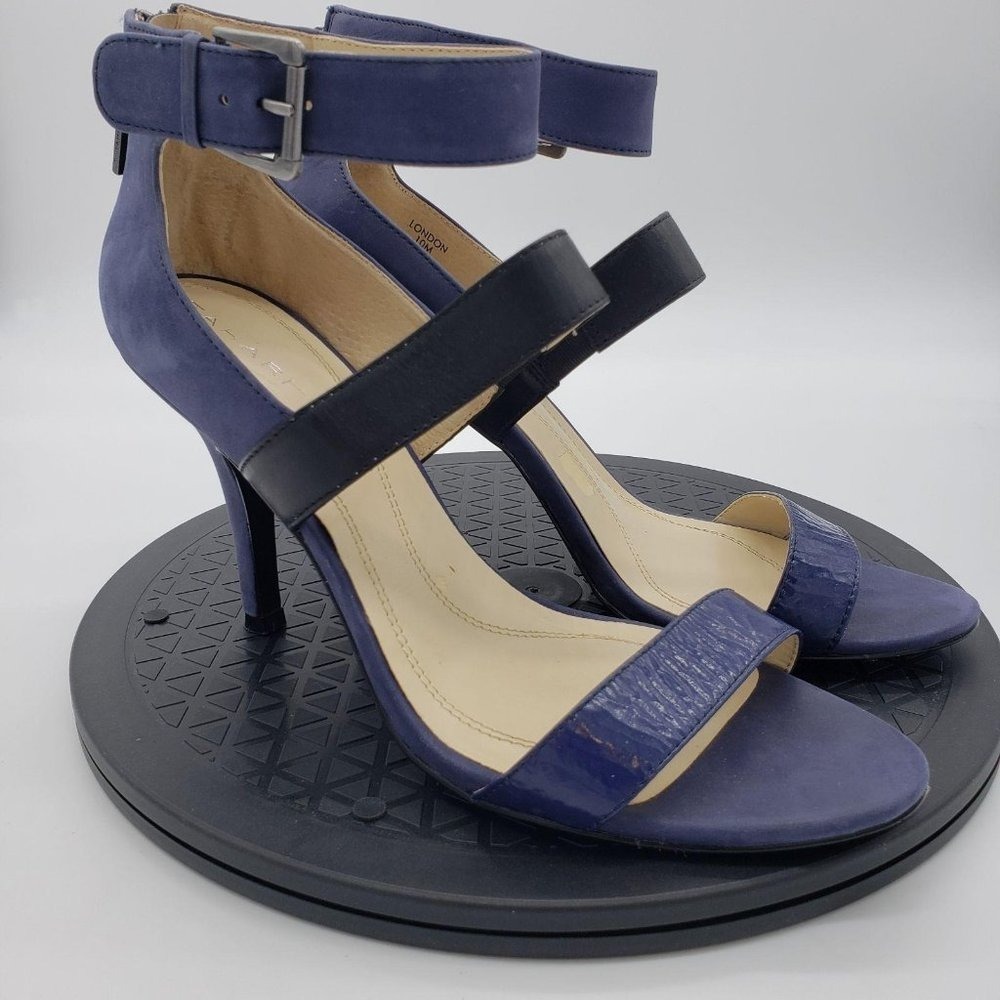 Tahari London‎ Navy Blue Suede Block Heel Ankle Strap Sandals Shoes Size 10M
